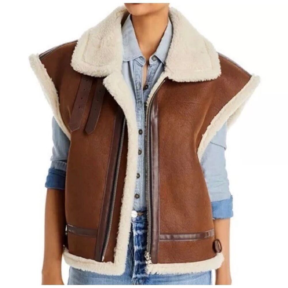 Moon River M anthropologie Ellie Faux Shearling brown Vest moto Viking
